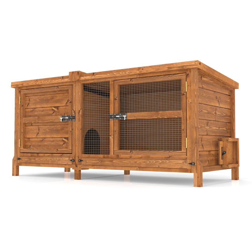 Wooden pet hutch with wire doors on a white background