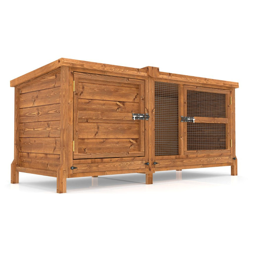 Wooden single level rabbit huthc hutch with a wire door on a white background