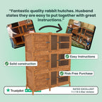 Wooden rabbit hutch with text highlighting features and positive reviews on a light green background