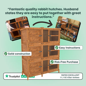 Wooden rabbit hutch with text highlighting features and positive reviews on a light green background