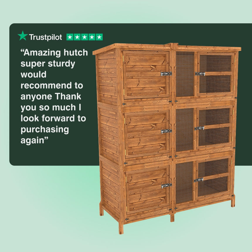 Wooden pet hutch with a five-star Trustpilot rating on a green background