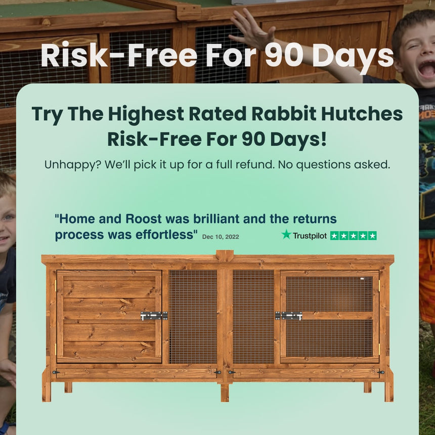 Wooden rabbit hutch with promotional text about a risk-free offer and customer review.