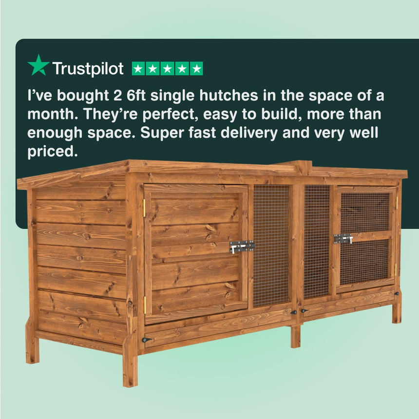 Wooden rabbit hutch with Trustpilot rating on a green background