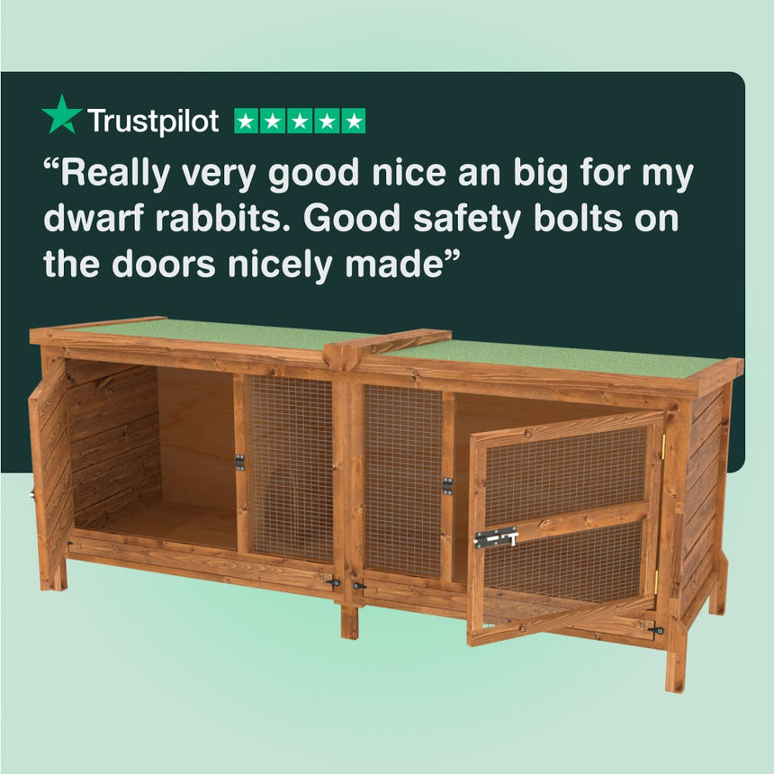 Wooden rabbit hutch with a green top, featuring a Trustpilot review on a light blue background.