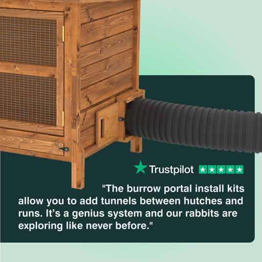 Wooden rabbit hutch with a black rabbit tunnel attached, featuring Trustpilot rating.