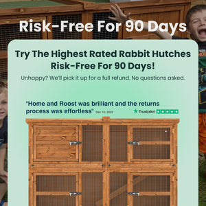 Wooden rabbit hutch with promotional text overlay on a light green background