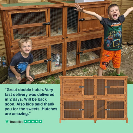 Two children standing next to a wooden rabbit hutch with a Trustpilot review overlay.