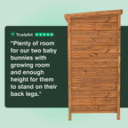 Wooden pet enclosure with a Trustpilot review on a green background