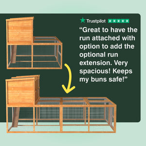 Wooden pet run with attached extension and Trustpilot rating on a green background