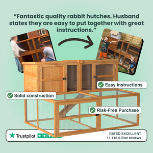 Wooden rabbit hutch with text highlighting features and positive reviews on a light green background