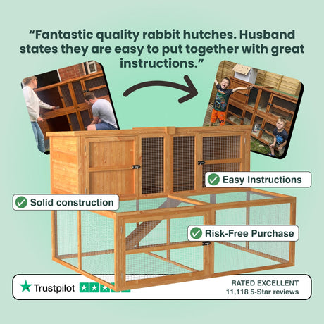Wooden rabbit hutch with text highlighting features and positive reviews on a light green background
