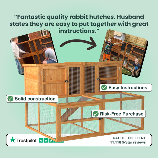 Wooden rabbit hutch with text highlighting features and positive reviews on a light green background