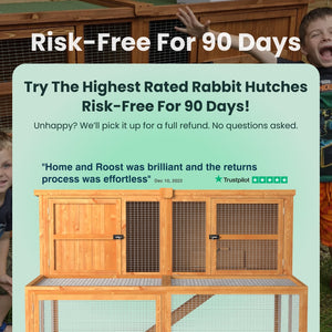 Wooden rabbit hutch with promotional text about a risk-free offer for 90 days.
