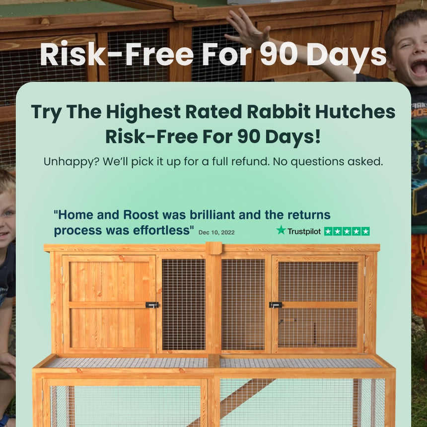 Wooden rabbit hutch with promotional text about a risk-free offer for 90 days.