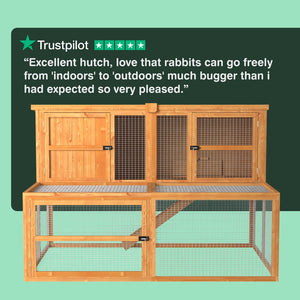 Wooden rabbit hutch with a green background and Trustpilot review text.