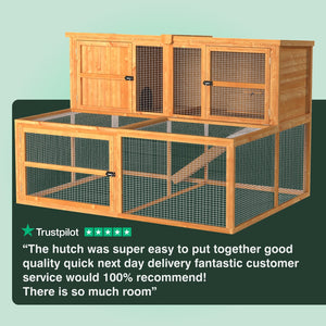 Wooden pet hutch with a green background and positive review text.