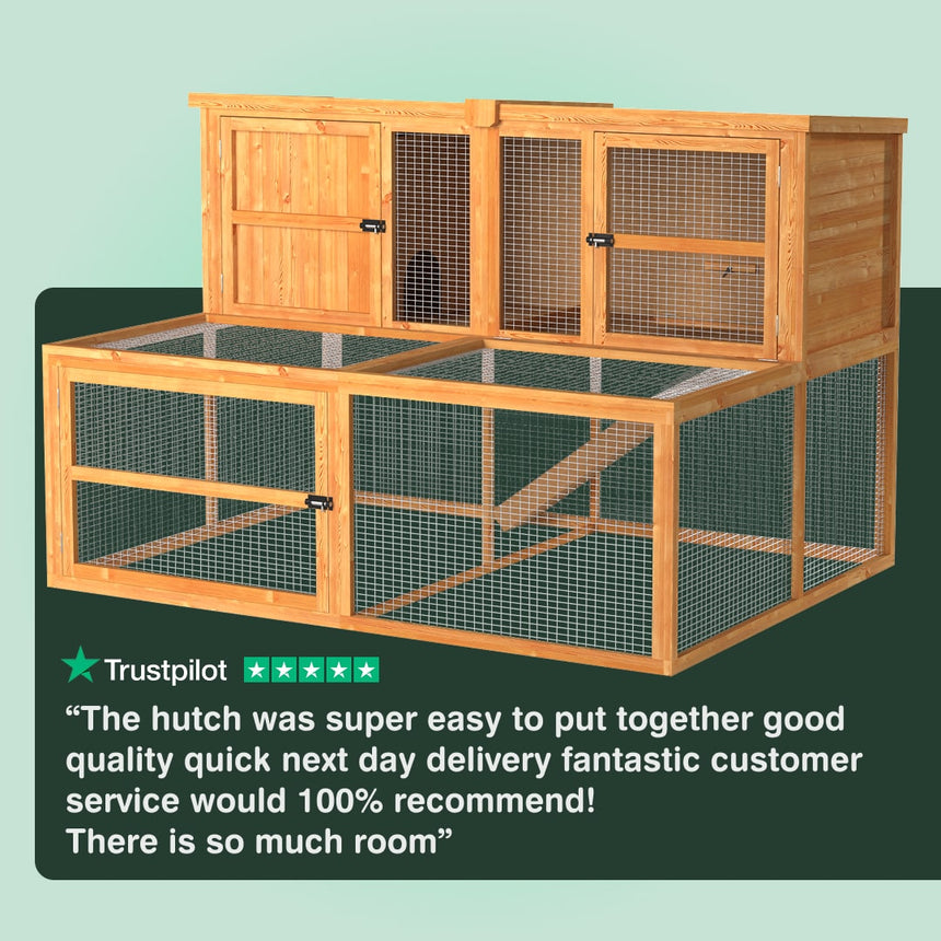 Wooden pet hutch with a green background and positive review text.
