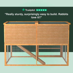 Wooden rabbit hutch with a green background and Trustpilot rating text.
