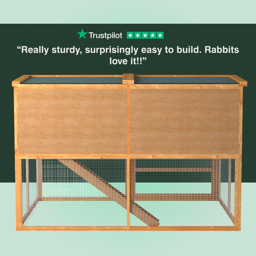 Wooden rabbit hutch with a green background and Trustpilot rating text.