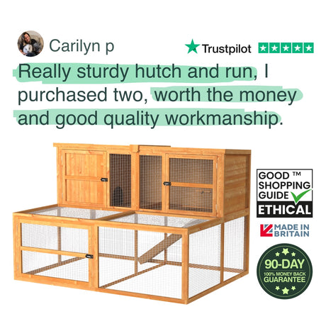 Wooden rabbit hutch with positive reviews and certification logos on a white background