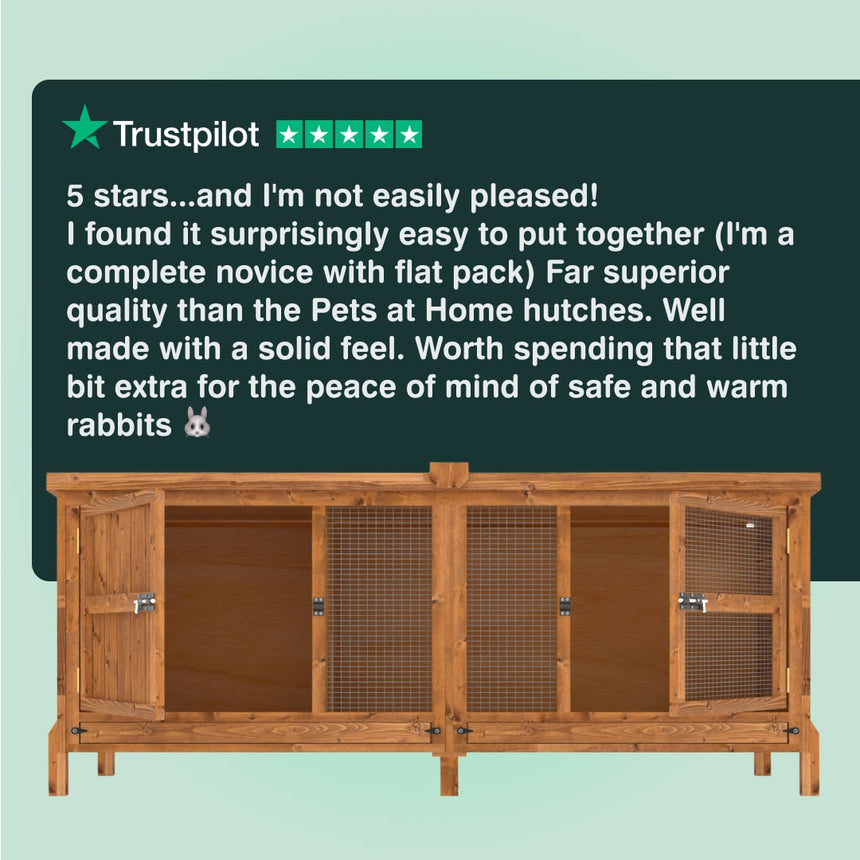 Wooden rabbit hutch with a five-star Trustpilot review on a green background