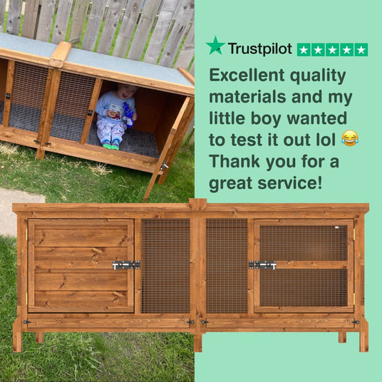 Wooden rabbit hutch enclosure with a child peeking out, set against a grassy background.