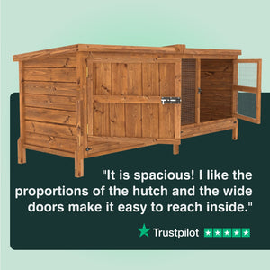 Wooden chicken coop with open door on a green background, featuring Trustpilot review text.