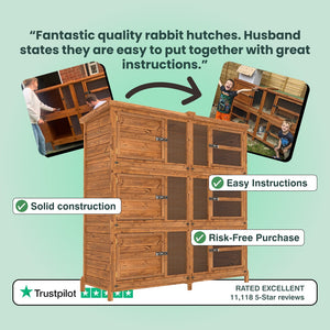 Wooden rabbit hutch with text highlighting features and positive reviews on a light green background