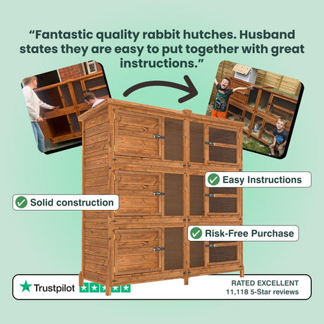 Wooden rabbit hutch with text highlighting features and positive reviews on a light green background