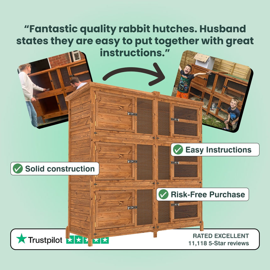 Wooden rabbit hutch with text highlighting features and positive reviews on a light green background
