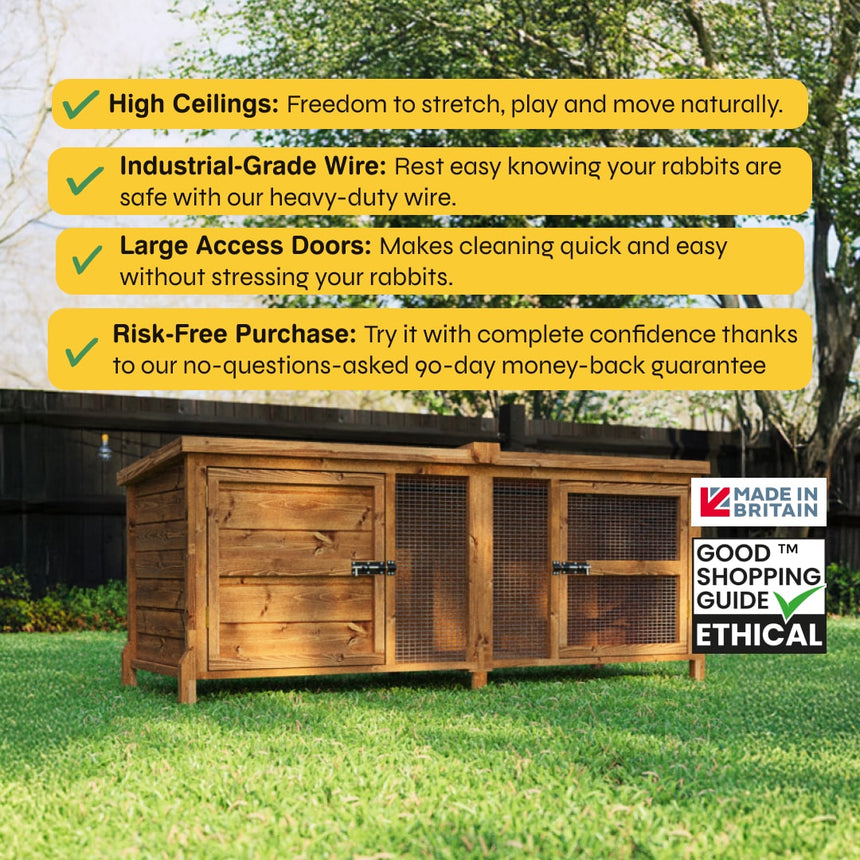Wooden rabbit hutch with features listed on a yellow background, set outdoors.