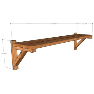 Wooden shelf with dimensions on a white background