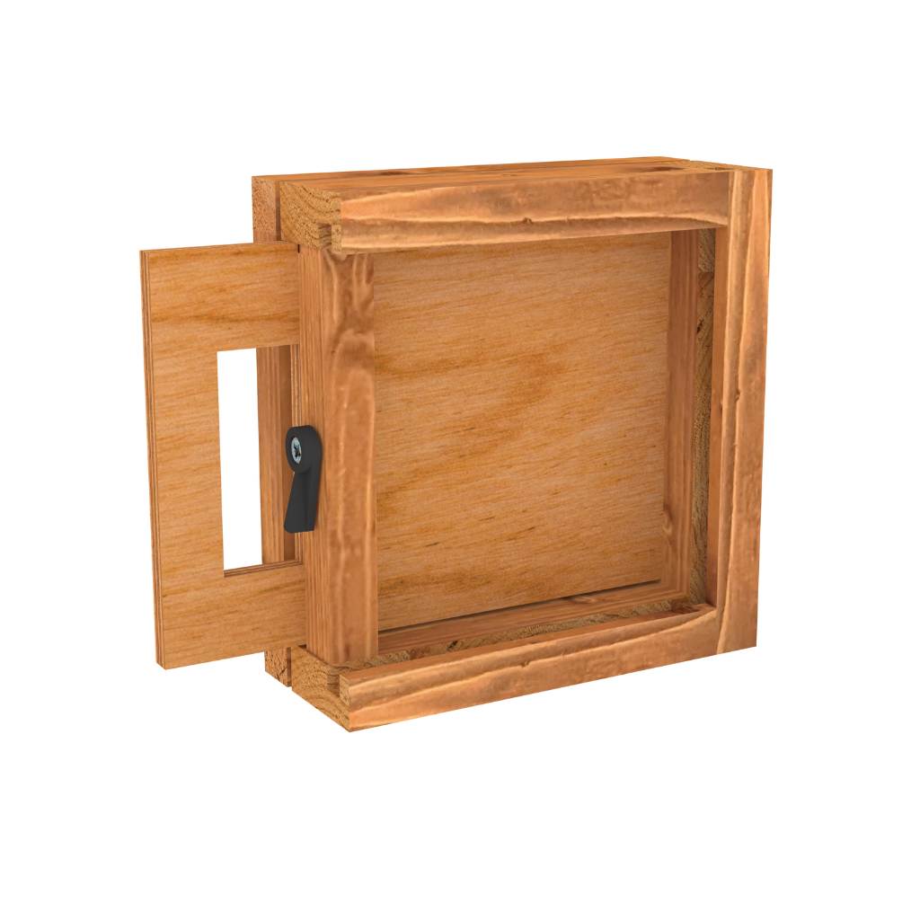 A wooden burrow portal install kit for rabbits, featuring a tunnel system.