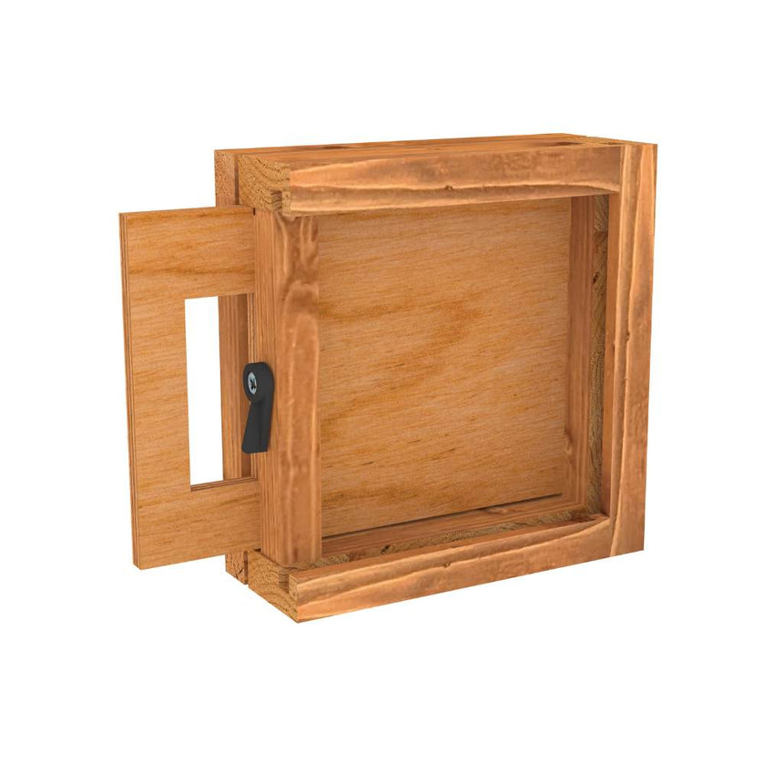 A wooden burrow portal install kit for rabbits, featuring a tunnel system.