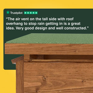 Wooden structure with a green roof and air vent, featuring a Trustpilot review on a yellow background.