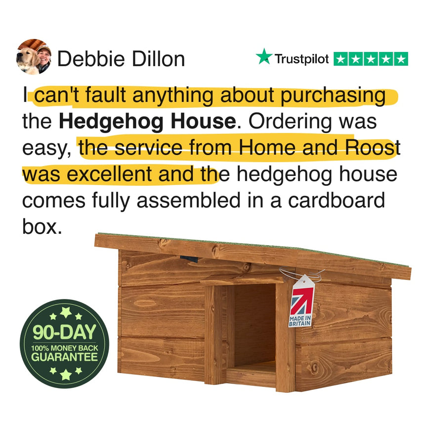 Wooden hedgehog house with positive review text and Trustpilot rating on a white background