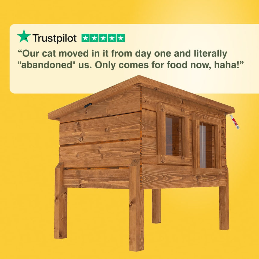 Wooden pet house with Trustpilot review “Our cat moved in it from day one and literally "abandoned" us. Only comes for food now, haha!”