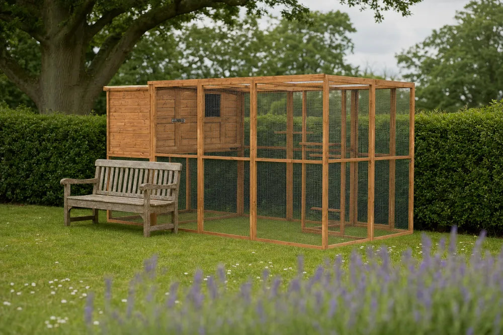 Wingmore 12ft × 6ft walk-in aviary on a British garden lawn with bench for scale reference