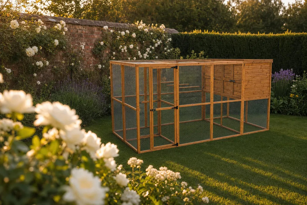 Wingmore walk-in aviary at golden hour in a sunlit British cottage garden