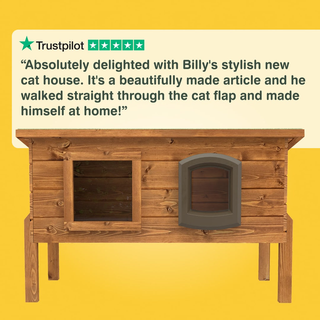 Wooden cat house with a cat flap on a yellow background, and a Trustpilot review. “This is a lovely cat house that is not only well made, very functional, but looks good also.”