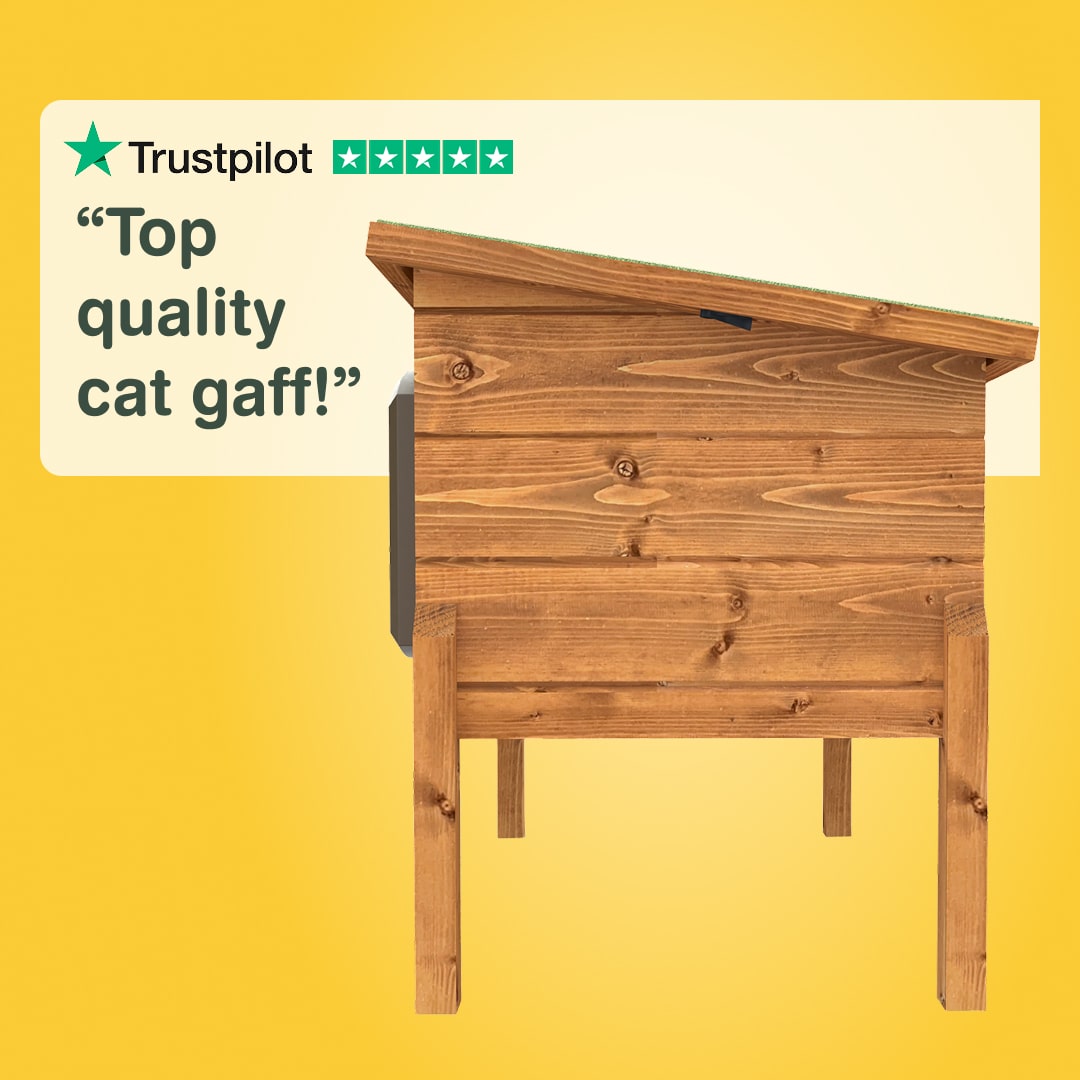 Wooden cat house with Trustpilot rating on a yellow background