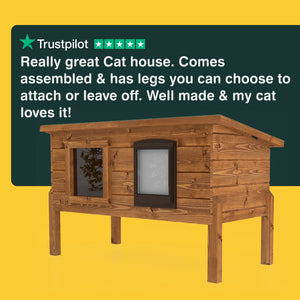 Wooden cat house with text on a yellow and green background