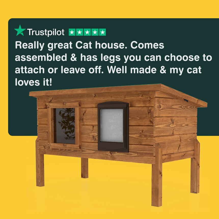Wooden cat house with text on a yellow and green background