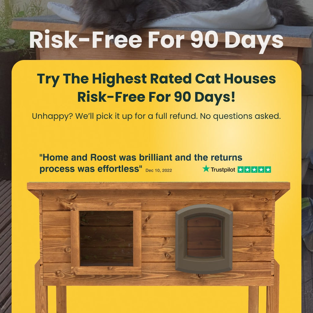 Wooden cat house with promotional 90-day risk-free and free returns.