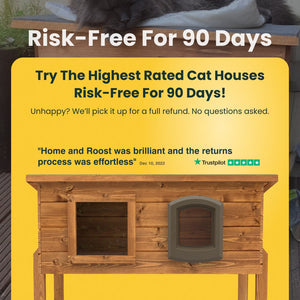 Wooden cat house with promotional 90-day risk-free and free returns.