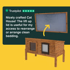 Wooden cat house with a lift-up lid on a yellow background, featuring Trustpilot rating.