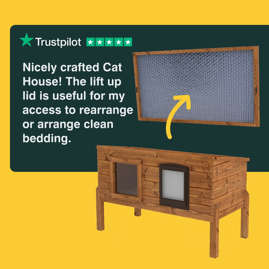 Wooden cat house with a lift-up lid on a yellow background, featuring Trustpilot rating.