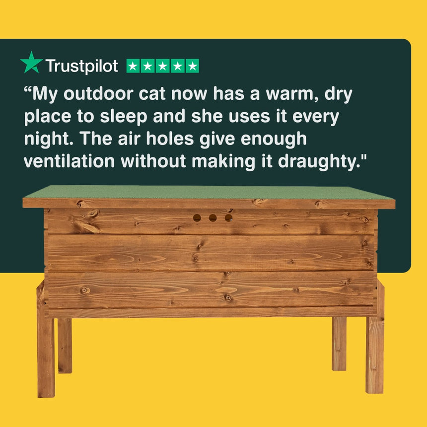 Wooden cat house with a Trustpilot review on a yellow background