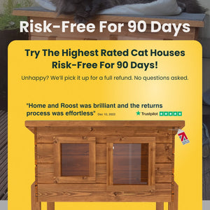 Advertisement for a cat house with a yellow background and text about a risk-free trial offer.