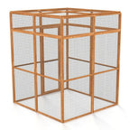 Wooden cat catio with wire mesh on a white background